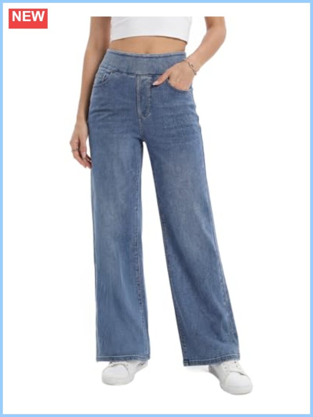 Wide Leg Pull On Jeans High Rise Stretchy Denim Pants with Elastic Waist